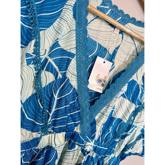 America & Beyond M Tropical Palm Fiesta‎ Crochet Trim Mini Dress Cover Up Tunic - Picture 7 of 12